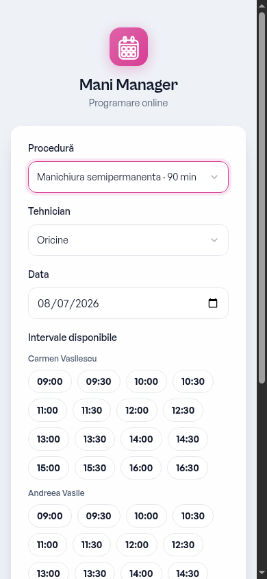 Pagina publică de programare, cu intervalele libere