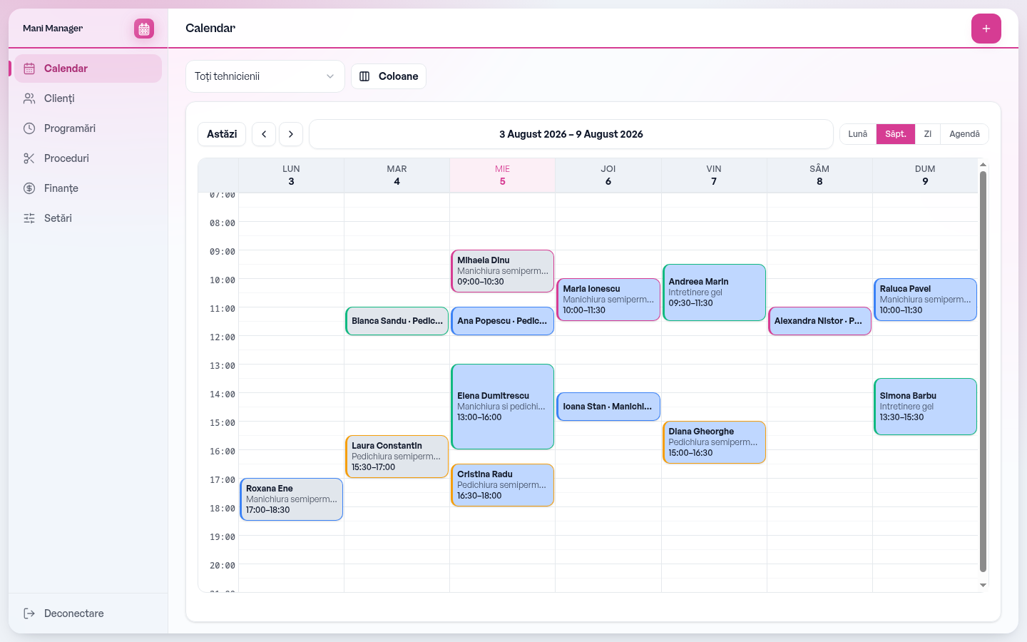 Calendarul Mani Manager, vederea săptămânală