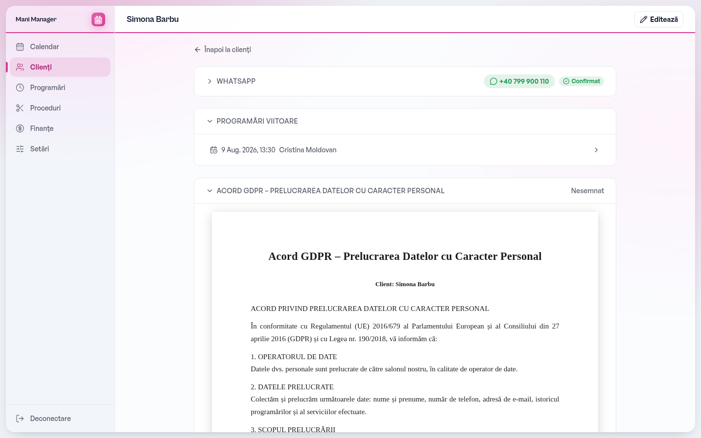 Fișa unei cliente, cu WhatsApp, programări viitoare și acord GDPR